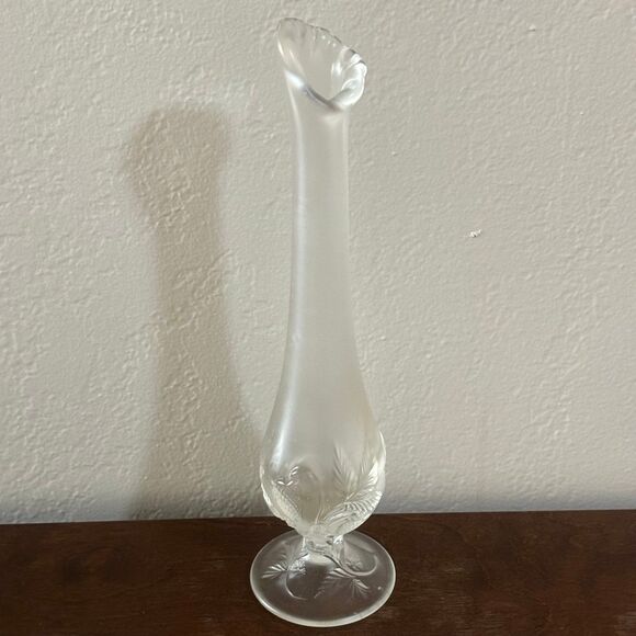 Vintage Fenton Ruffled Strawberry 11” Vase Clear Frosted Satin Matte - Picture 1 of 7